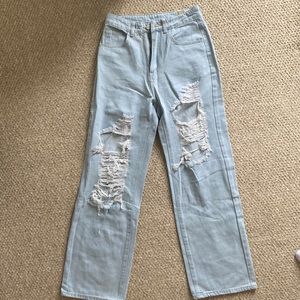 Super high rise distressed, straight leg jeans